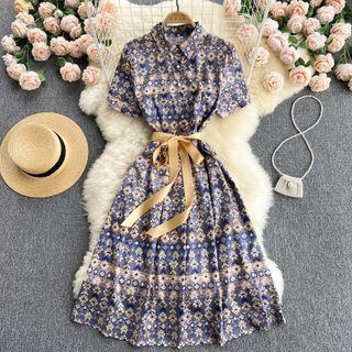 Lapel Print Tied Short-sleeve Dress