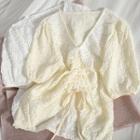 Short-sleeve Lace Trim V-neck Drawstring Crop Top