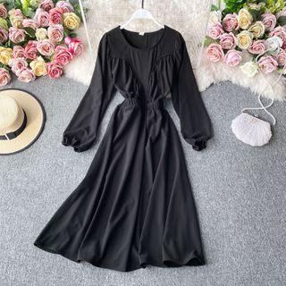 Round-neck Plain Puff Long-sleeve Dress