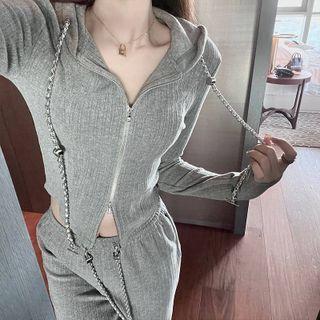 Set: Zip-up Hoodie + High Waist Wide Leg Pants