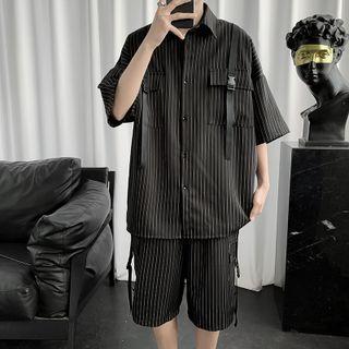 Set: Short-sleeve Pinstriped Buckled Shirt + Shorts