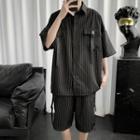 Set: Short-sleeve Pinstriped Buckled Shirt + Shorts