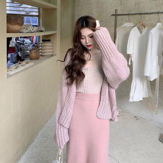 Cardigan / Knit Tube Top / Midi Shift Skirt