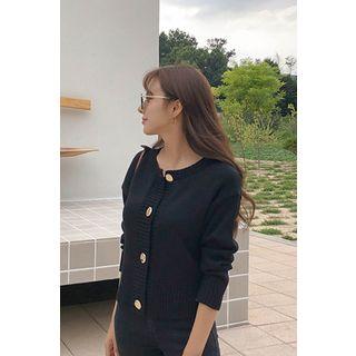 Metal-button Rib Knit Cardigan Black - One Size