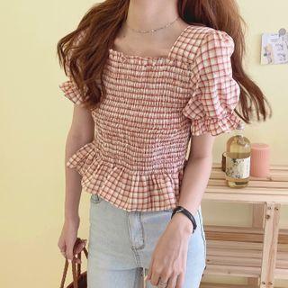 Puff-sleeve Square-neck Checked Blouse Red - One Size