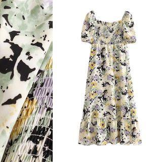 Smocked Floral Print Short Sleeve Maxi Dress