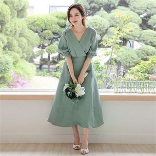 Elbow-sleeve Linen Blend A-line Maxi Dress