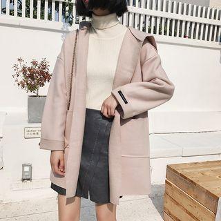 Open-front Hooded Knit Long Jacket