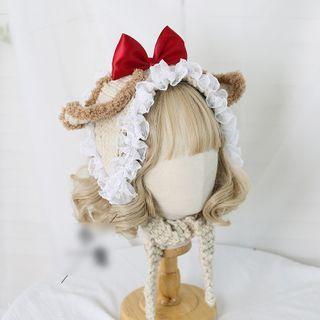 Knit Lace Trim Bow Lolita Bonnet Hat