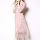 3/4-sleeve Ruffle Midi A-line Lace Dress