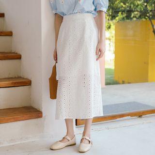 Eyelet Midi A-line Skirt