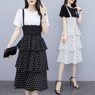 Set: Short-sleeve T-shirt + Dotted Strappy Midi Dress