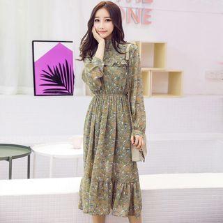 Floral Print Long-sleeve Ruffle Hem A-line Midi Chiffon Dress