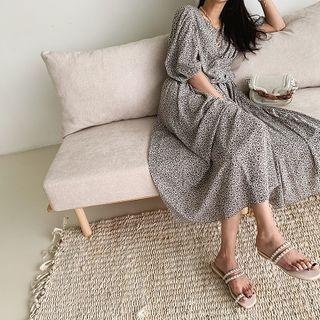 Puff-sleeve Ruched Floral Maxi Dress