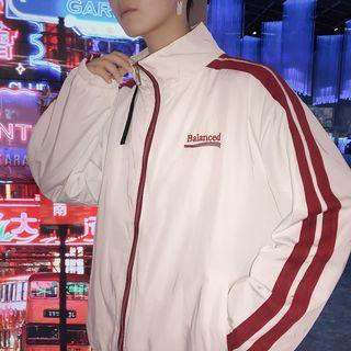 Letter Embroidered Striped Side Zip Jacket