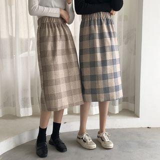 Elastic Waist Slit Plaid Skirt