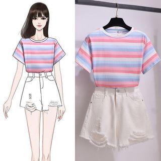 Short-sleeve Striped T-shirt / Distressed Denim Shorts / Set