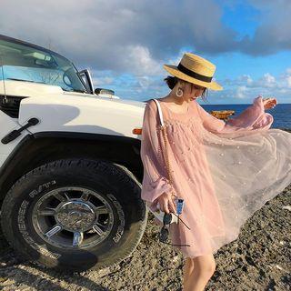 Faux Pearl Balloon-sleeve Chiffon Dress