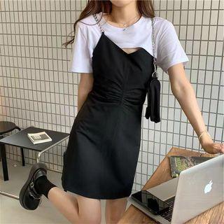 Short Sleeve Two Tone Chain Strap Mini Mock Two Piece Dress