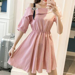 Off Shoulder Striped Short Sleeve Dress