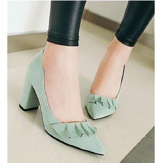 Block-heel Frill-trim Pumps