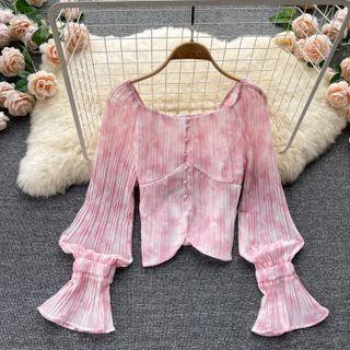 Square-neck Bell-sleeve Ruched Chiffon Top