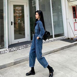 Fleece-lined Corduroy Demin Jumpsuit Blue - One Size