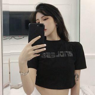 Short-sleeve Lettering Crop T-shirt Black - One Size