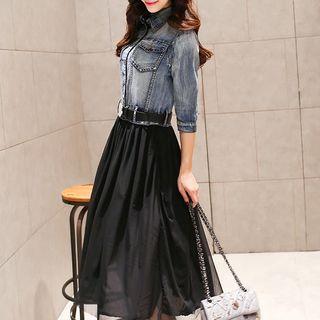 Elbow-sleeve Denim Midi Mesh A-line Dress