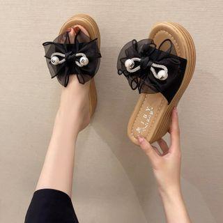 Planform Wedge Heel Mesh Bow Slide Sandals