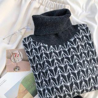 Turtleneck Patterned Sweater Black & White - One Size