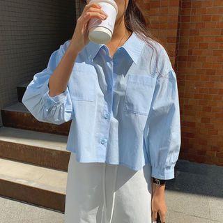 Balloon-sleeve Cropped Shirt Blue - One Size