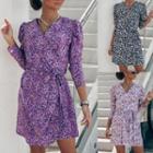 Long Sleeve V-neck Floral Print Tie-waist A-line Dress