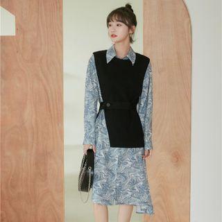Set: Puff-sleeve Paisley Print A-line Dress + Sweater Vest Set Of 2 - Dress & Vest - Blue & Black - One Size