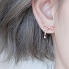 925 Sterling Silver Rhinestone Bow Earring 1 Pair - 925 Sterling Silver Rhinestone Bow Earring - Pink - One Size
