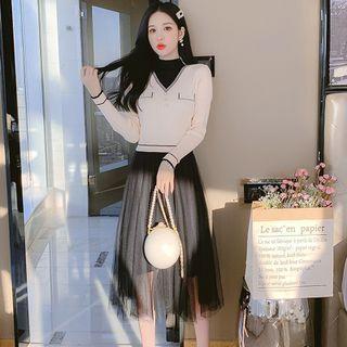 Mock Two-piece Long-sleeve Mesh Overlay Midi A-line Dress