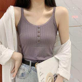 Sleeveless Lace-trim Button-front Top