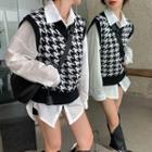Long Sleeve Plain Shirt / V-neck Houndstooth Sweater Vest