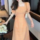 Short-sleeve Plaid Midi Dress Tangerine - One Size