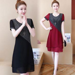 Short-sleeve Asymmetric Paneled A-line Chiffon Dress