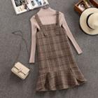 Set: Long-sleeve Mock-neck Knit Top + Plaid A-line Pinafore Dress