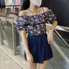 Off-shoulder Flower Print Crop Top / Denim Skort