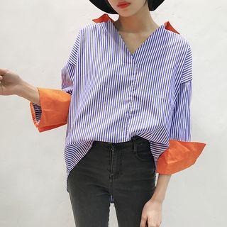 V-neck Pinstripe Long-sleeve Blouse