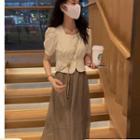 Puff-sleeve Square Neck Top / Midi A-line Skirt / Set