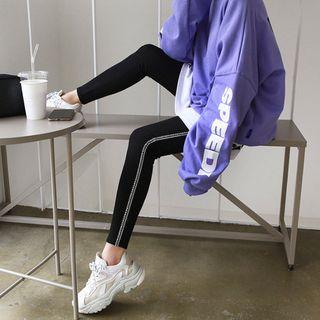 Tall Size Letter-trim Leggings Black - One Size