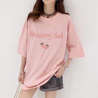 3/4-sleeve Fruit Embroidery Long T-shirt
