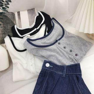 Contrast Trim Half-button Short-sleeve T-shirt