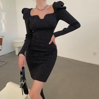 Puff-sleeve Glitter Knit Dress Black - One Size