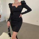 Puff-sleeve Glitter Knit Dress Black - One Size