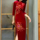 3/4-sleeve Embroidered Velvet Midi Qipao Dress